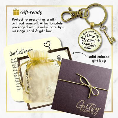 Our First Home Keychain Dreams Begin Here Homeowner Home Buyers Gift Key Charm  Keychain - Unisex - Gutsy Goodness Handmade Jewelry