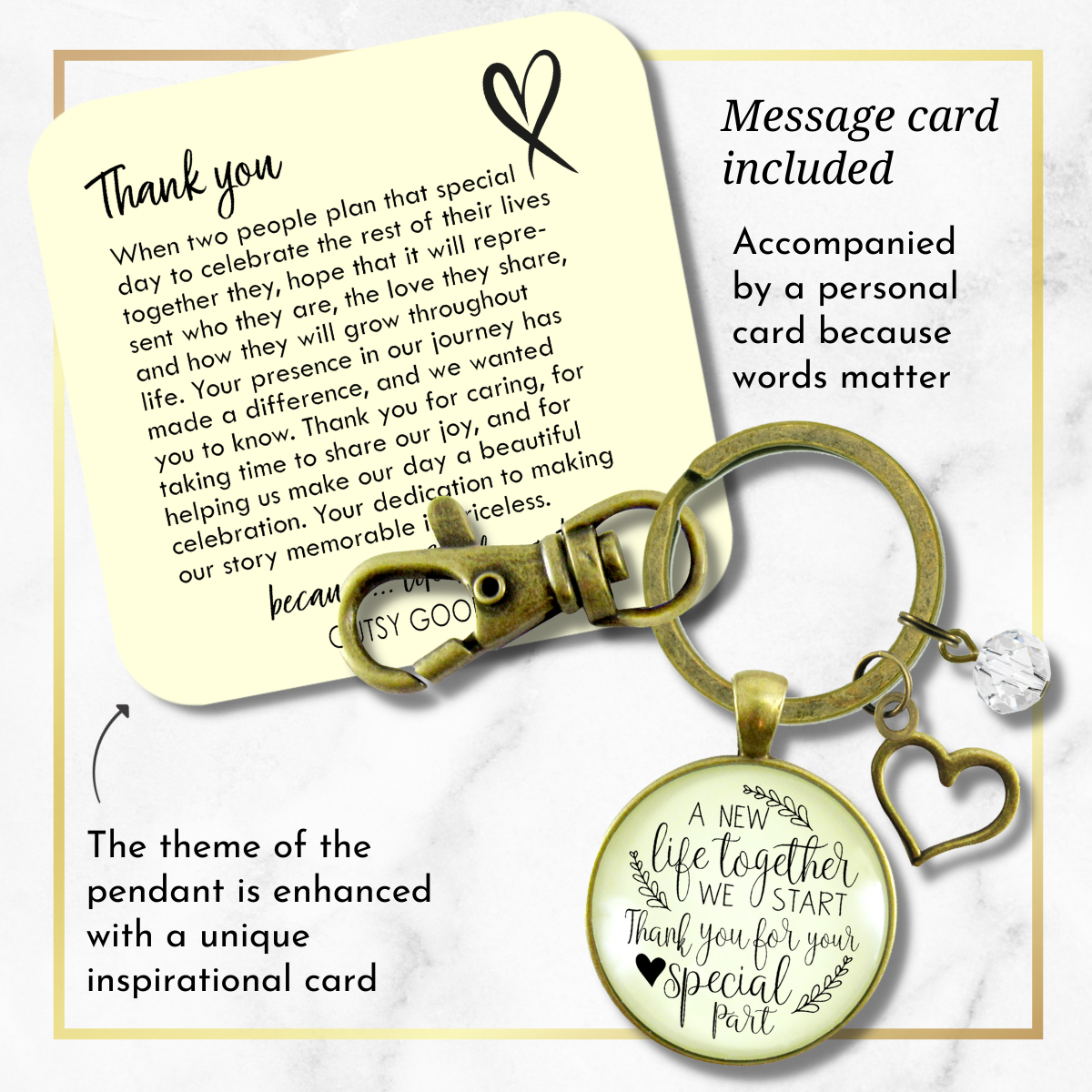 Wedding Officiant Gift Keychain A New Life We Start Rustic Heart Thank You Card  Keychain - Unisex - Gutsy Goodness Handmade Jewelry