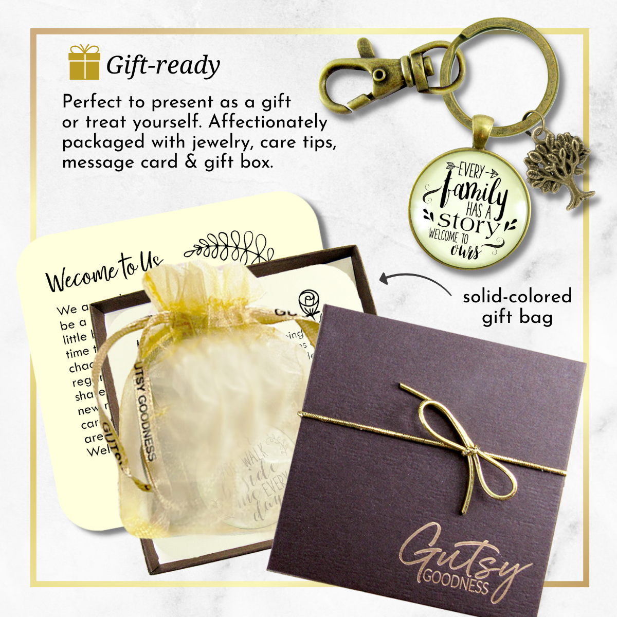 Gutsy Goodness Every Family Has A Story Welcome Keychain Gift in Law Step Bonus Child Adoption, Kids Unisex, Size: One size, Bronze