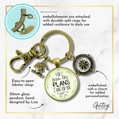 Graduate For I Know the Plans Jeremiah 29 11 Keyring Jewelry Compass Graduation Tassel Cap Charm - Gutsy Goodness Handmade Jewelry;Graduate For I Know The Plans Jeremiah 29 11 Keyring Jewelry Compass Graduation Tassel Cap Charm - Gutsy Goodness Handmade Jewelry Gifts