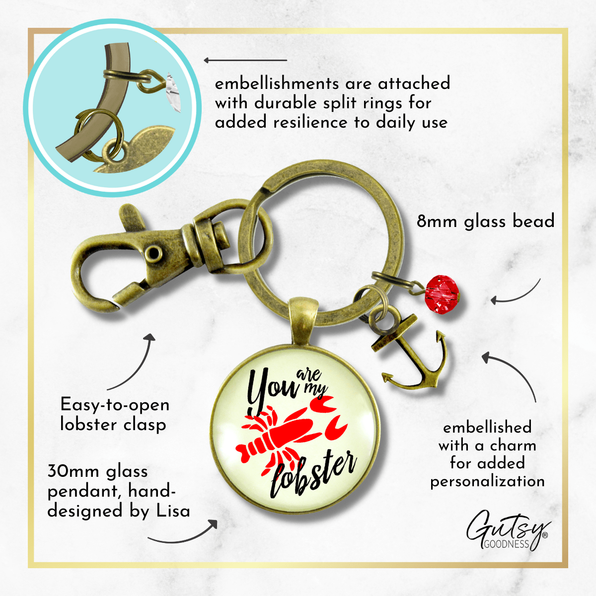 You are My Lobster Love Keychain Vintage Red Nautical Romantic Couple Quote Anchor - Gutsy Goodness