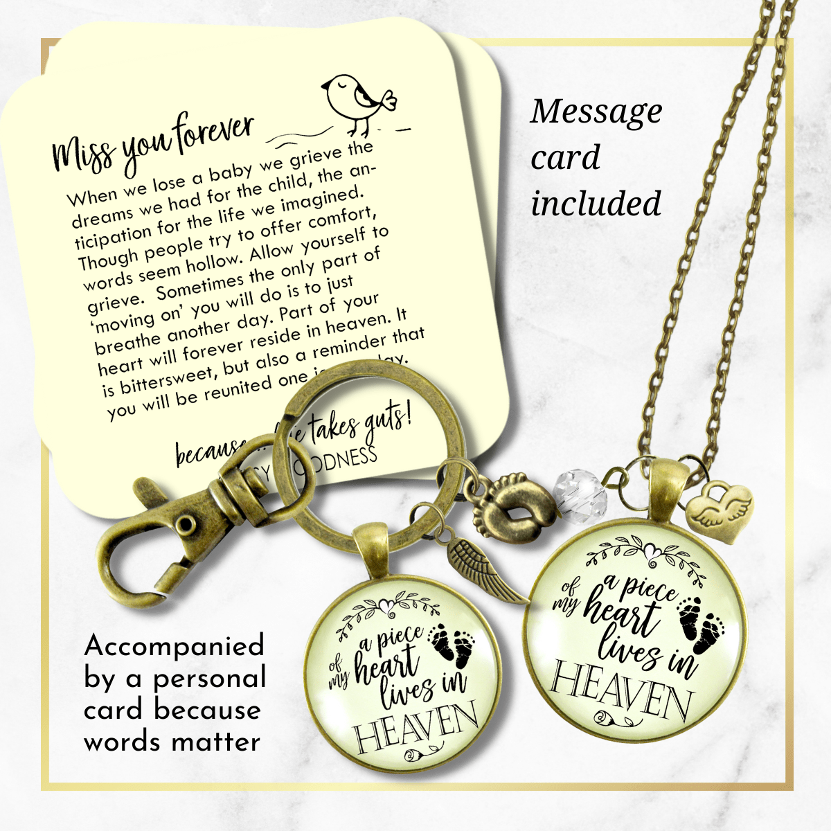 Baby Loss Memorial Set Mom Necklace & Dad Keychain A Piece Of My Heart in Heaven Miscarriage - Gutsy Goodness