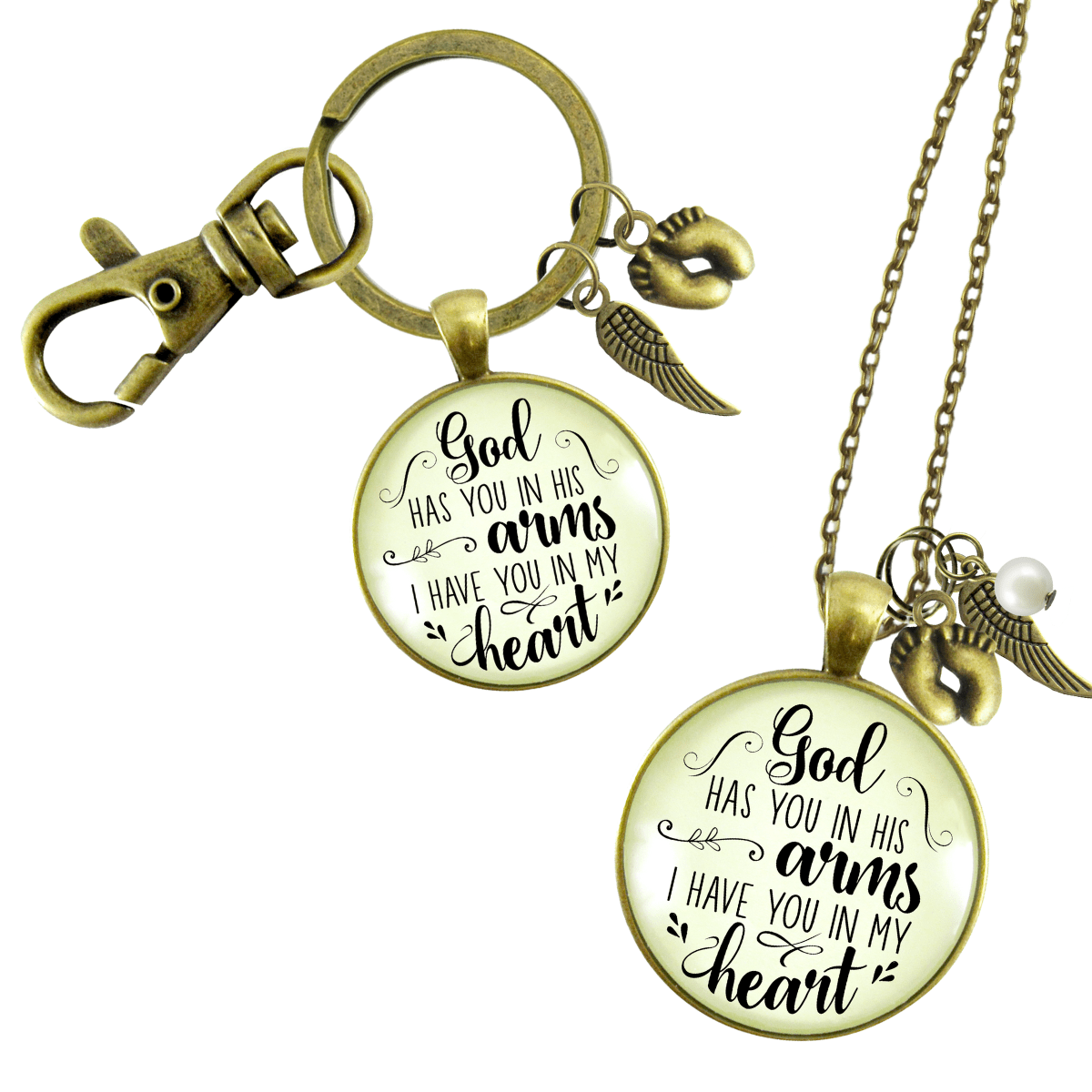 Baby Loss Memorial Set Mom Necklace & Dad Keychain God Has You In His Arms Miscarriage - Gutsy Goodness