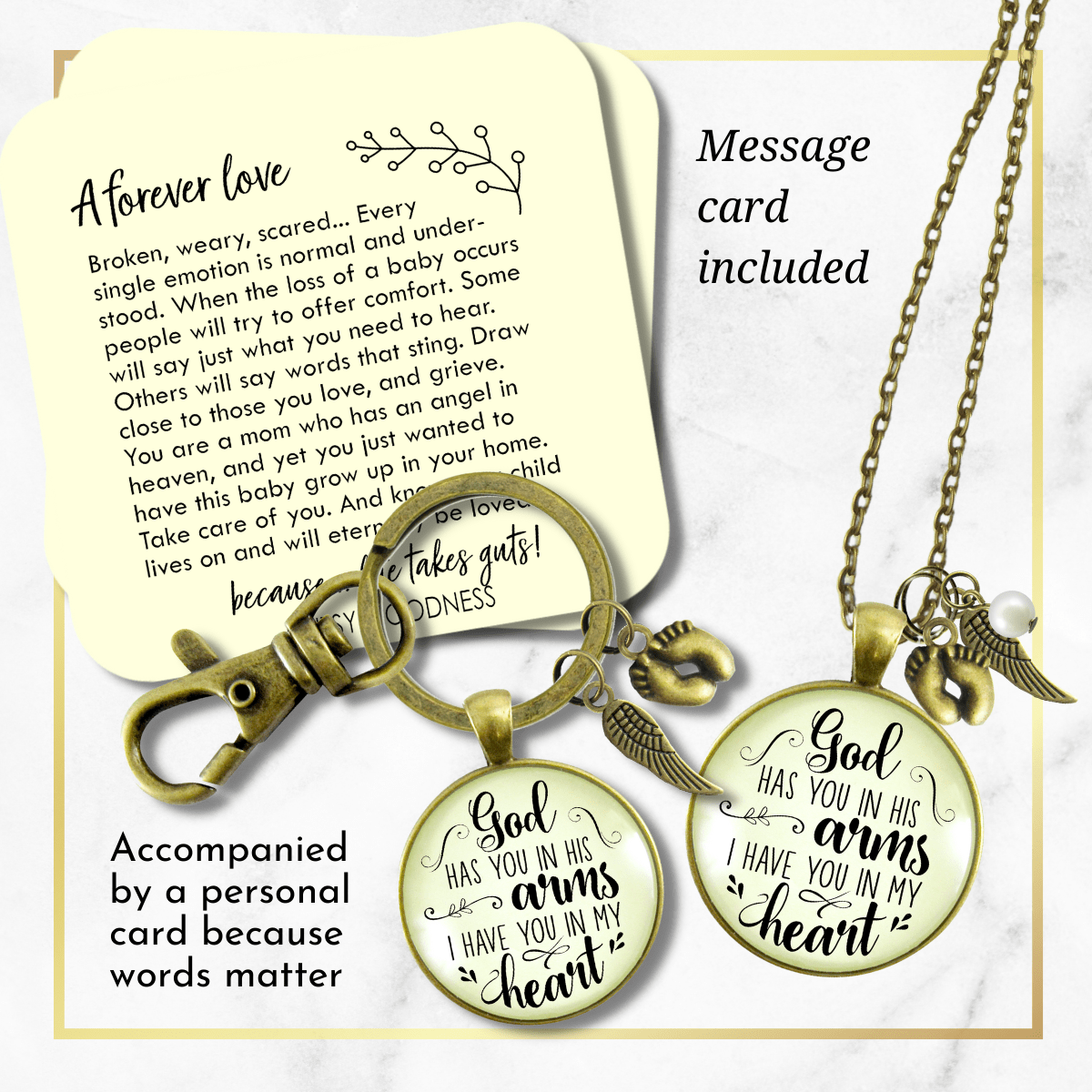 Baby Loss Memorial Set Mom Necklace & Dad Keychain God Has You In His Arms Miscarriage - Gutsy Goodness