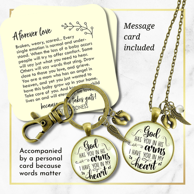 Baby Loss Memorial Set Mom Necklace & Dad Keychain God Has You In His Arms Miscarriage - Gutsy Goodness