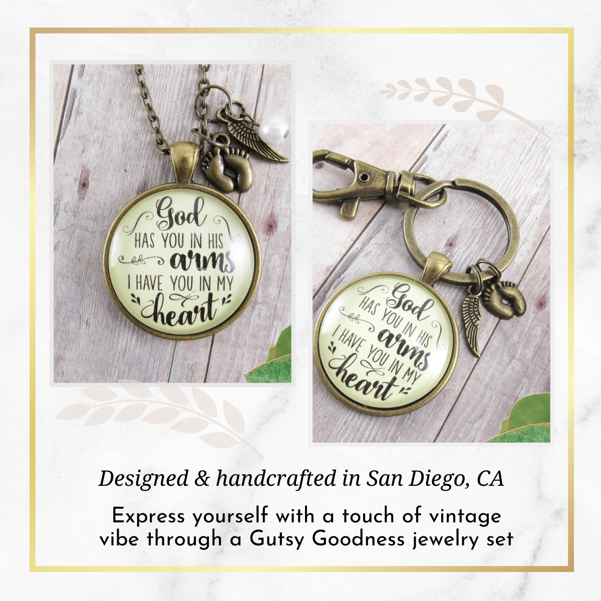 Baby Loss Memorial Set Mom Necklace & Dad Keychain God Has You In His Arms Miscarriage - Gutsy Goodness